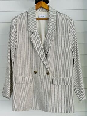 Old Navy Linen Blend White and Black Pinstripe Double-Breasted Blazer